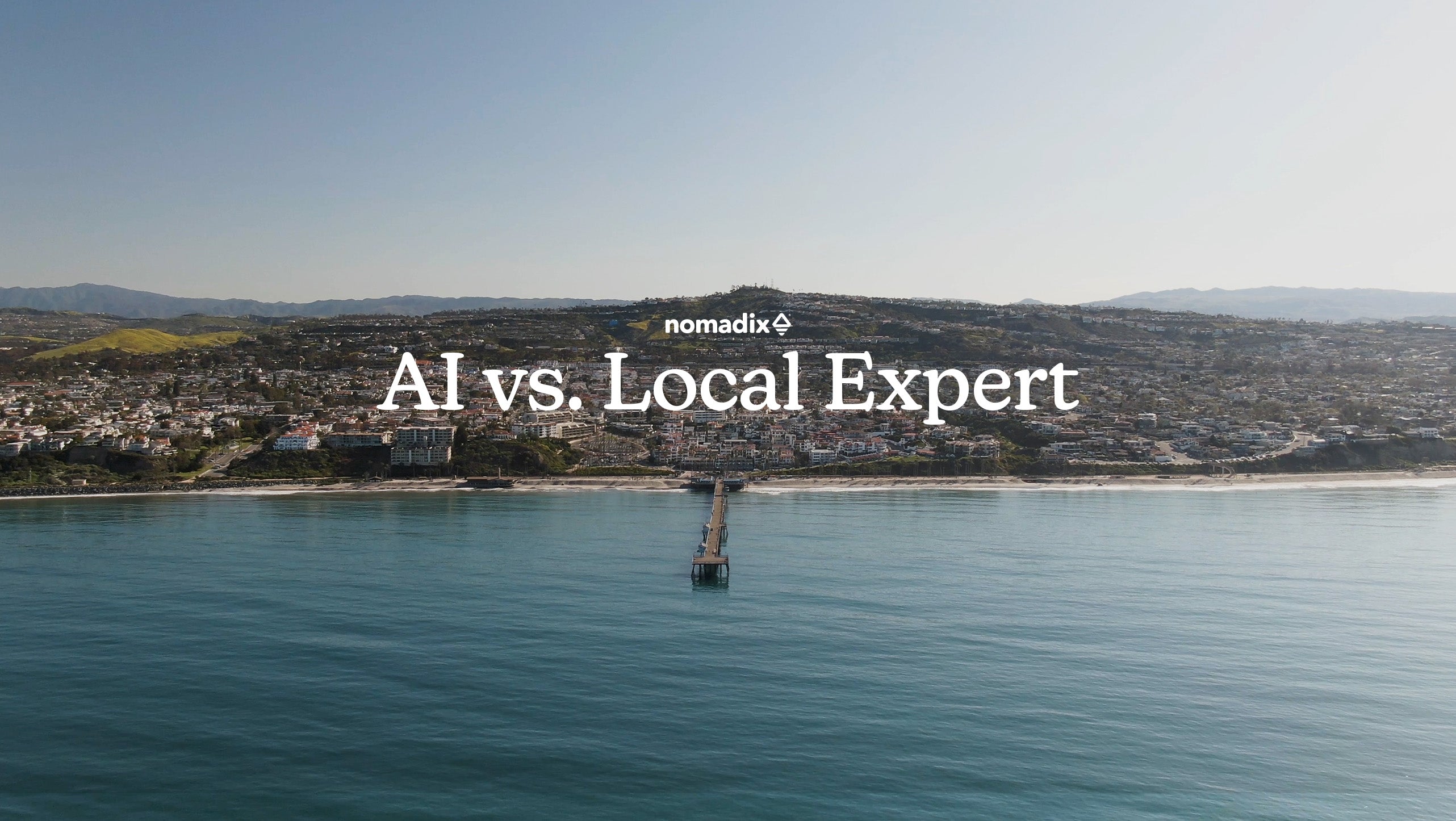 Aerial view of San Clemente coastline and pier with AI vs Local Expert headline