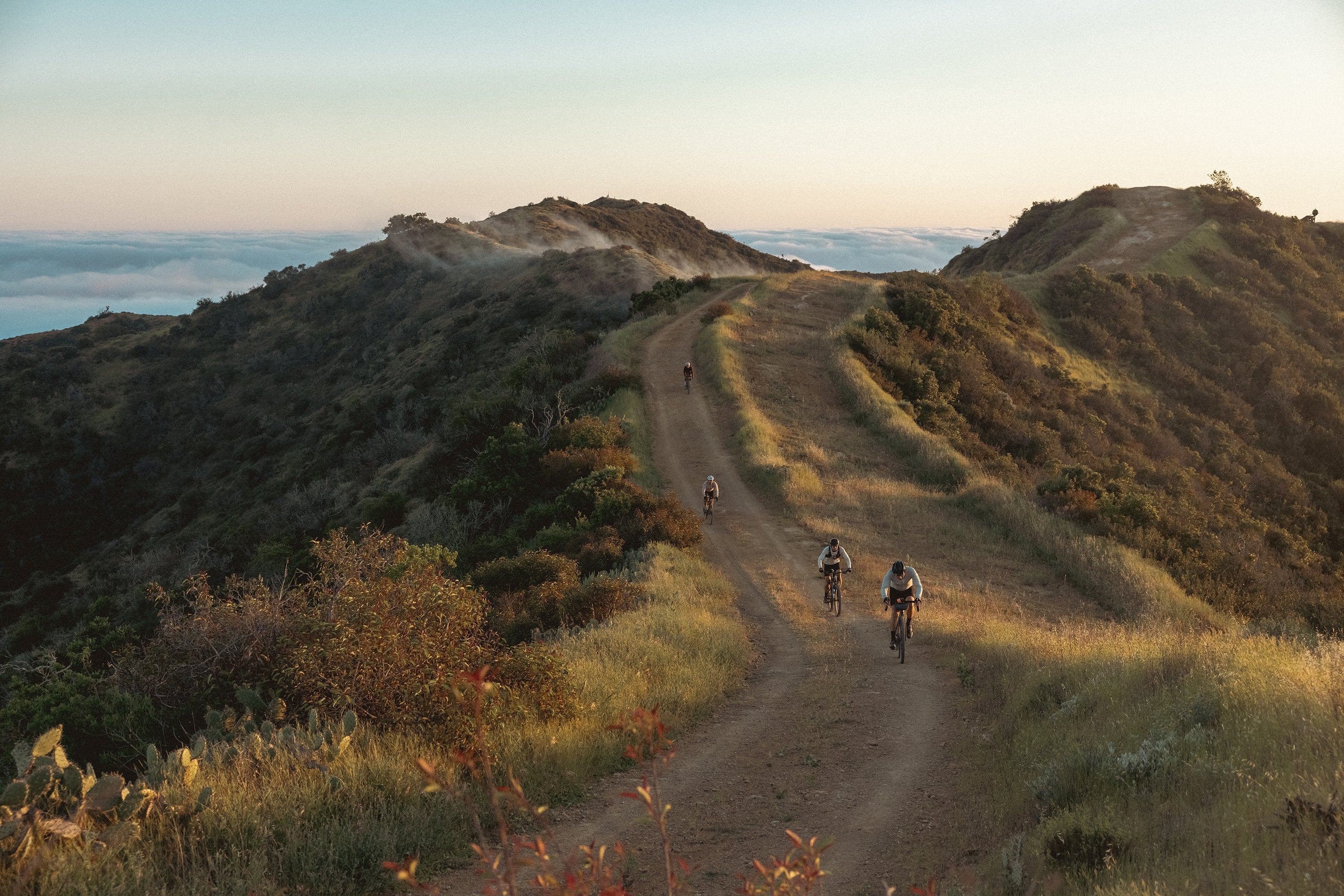 Four cyclists ride a dirt trail through Catalina Island hills above the clouds at golden hour