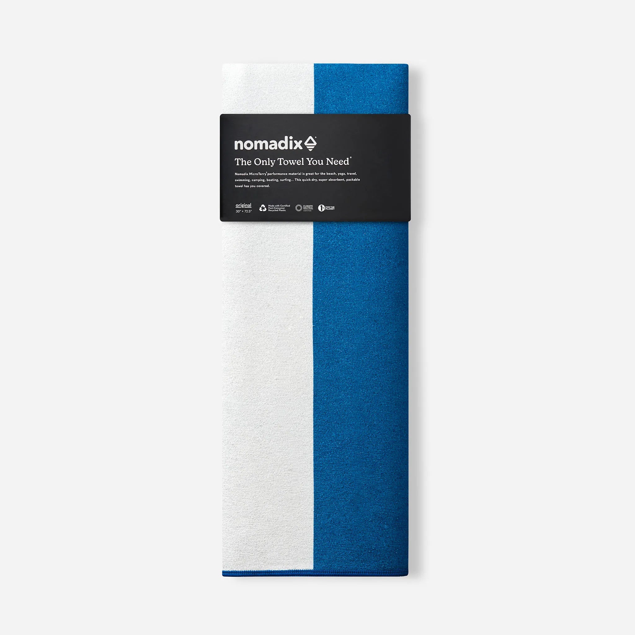 Front view of Original Towel: Classic Cabana Navy with navy and white stripes and The Only Towel You Need band