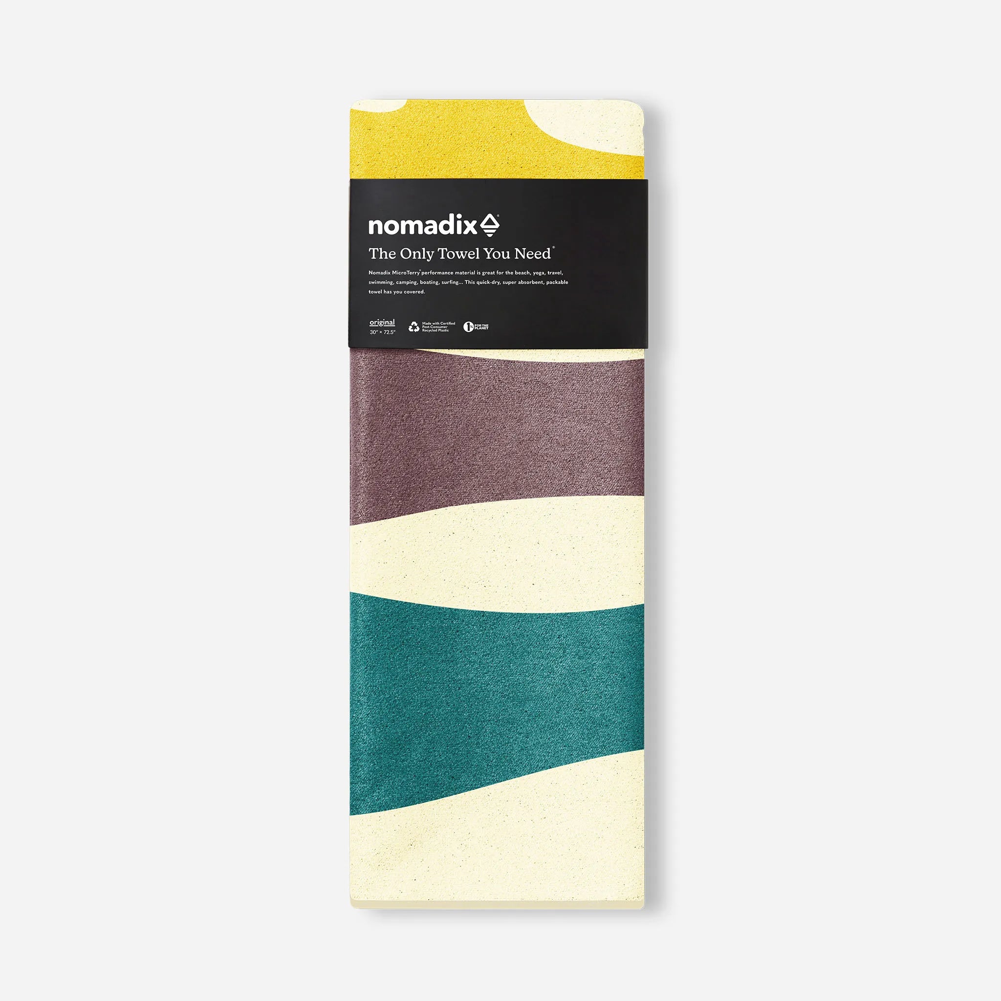 Front view of Original Towel: Hawaii Multi showcasing abstract wavy yellow, mauve, teal, and cream bands with a light gray background