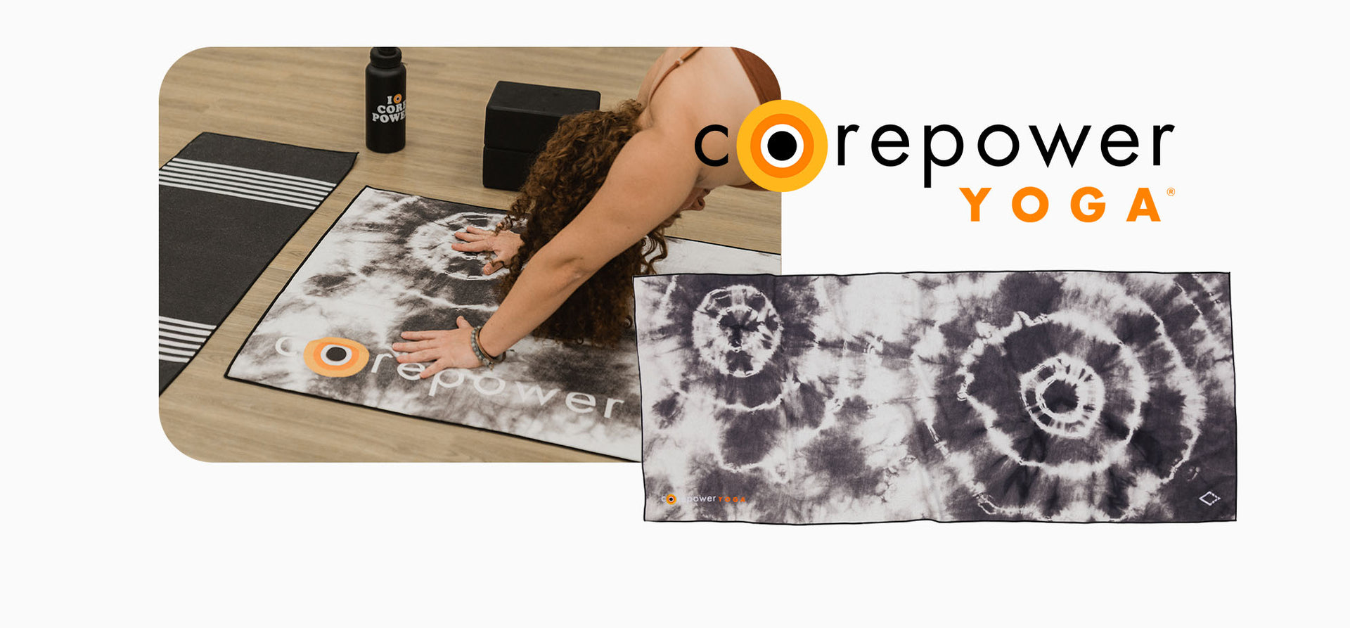 Samples of custom Corepower Yoga towels that Nomadix has made.