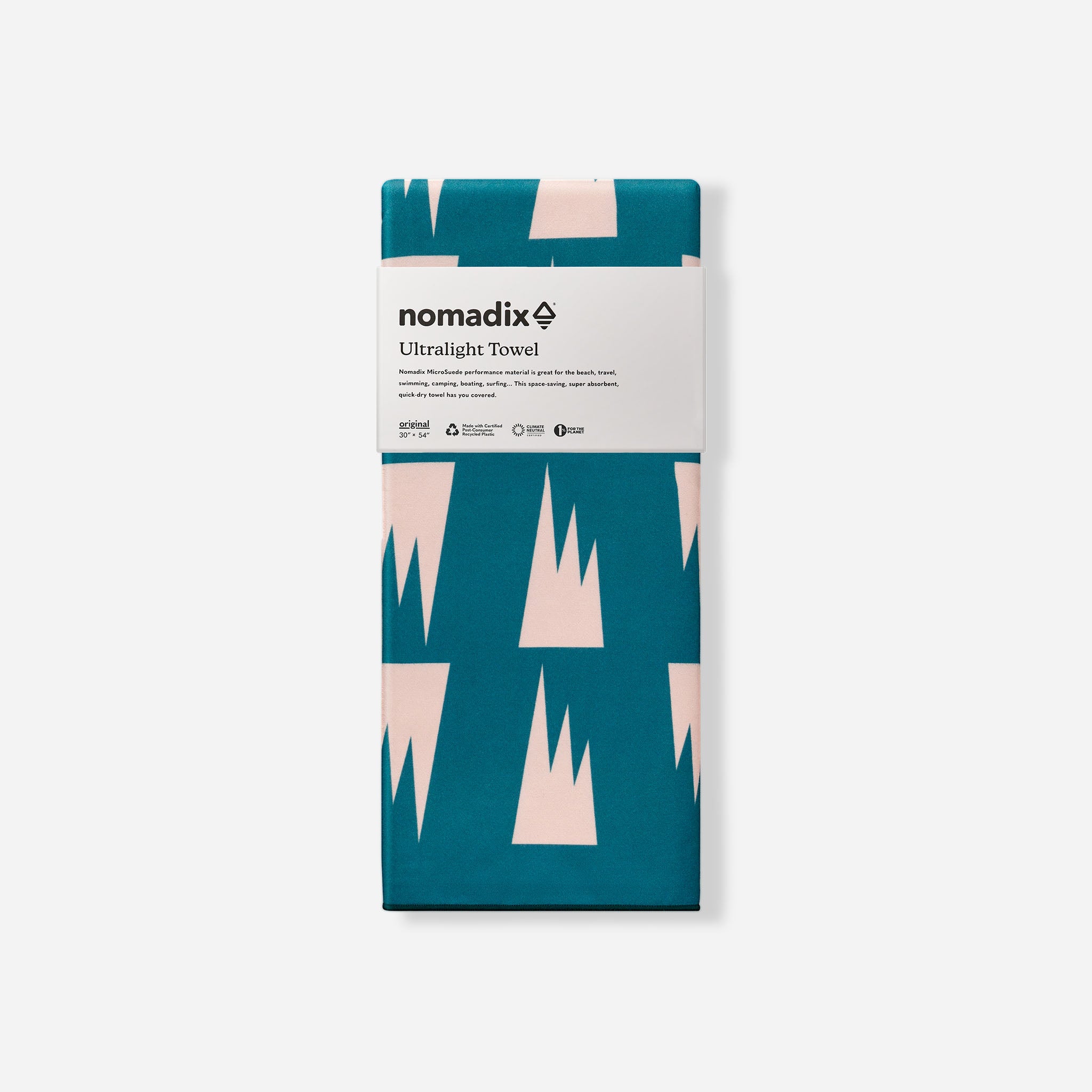 Front view of Nomadix Ultralight Towel in Summit Green with geometric pattern and 30 by 54 inch size on a light background